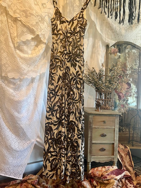 1970s Iconic Metallic Maxi Gown Silver Gold Black Abstract Floral Size Small