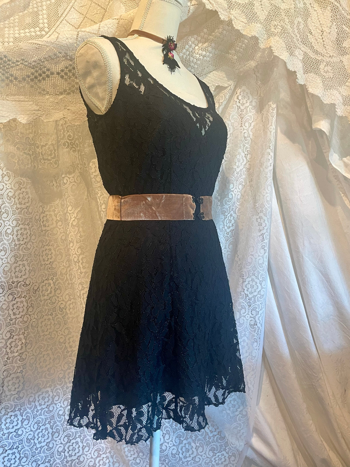 Gothic Black lace dress with whimsical velvet belt size 8