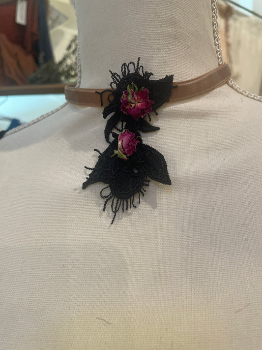 Velvet necklace with Whimsical lace and dried roses