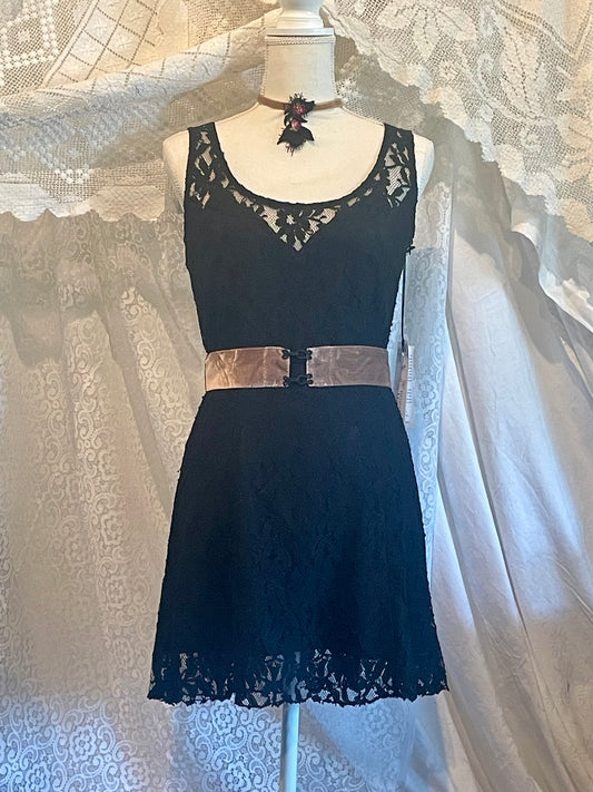 Gothic Black lace dress with whimsical velvet belt size 8