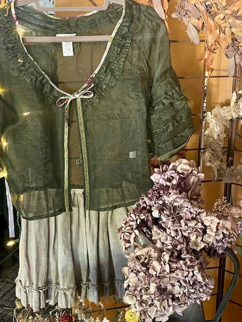 Sheer Silk Ruffled Bolero Jacket - Dark Olive Green