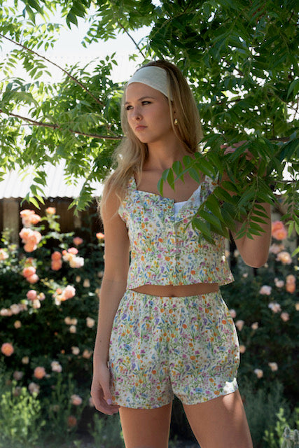 Playa Shorts, Meadow Flower Print Cotton Poplin