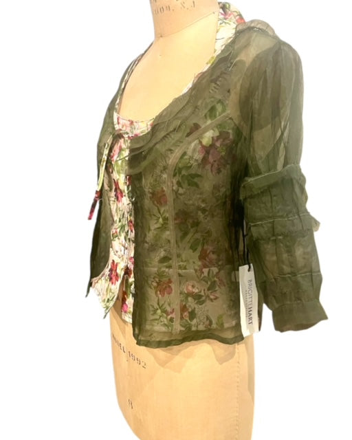 Sheer Silk Ruffled Bolero Jacket - Dark Olive Green