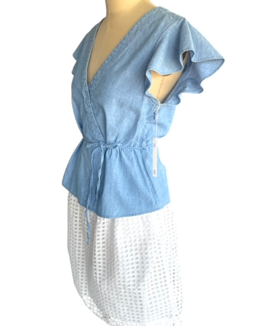 Chambray Peplum Top with Flutter Sleeves, J Crew Size 8 previously loved