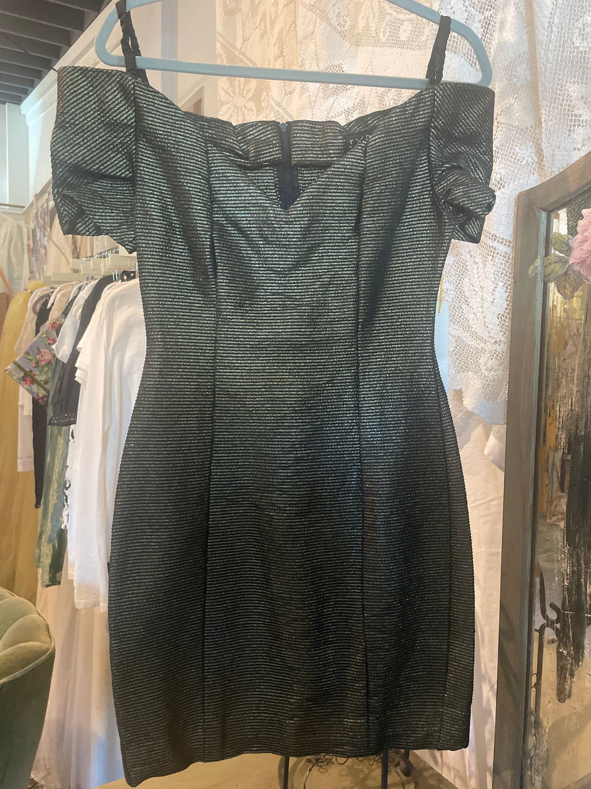 Late 1980s metallic off the shoulder mini dress Expo Nite Size 6