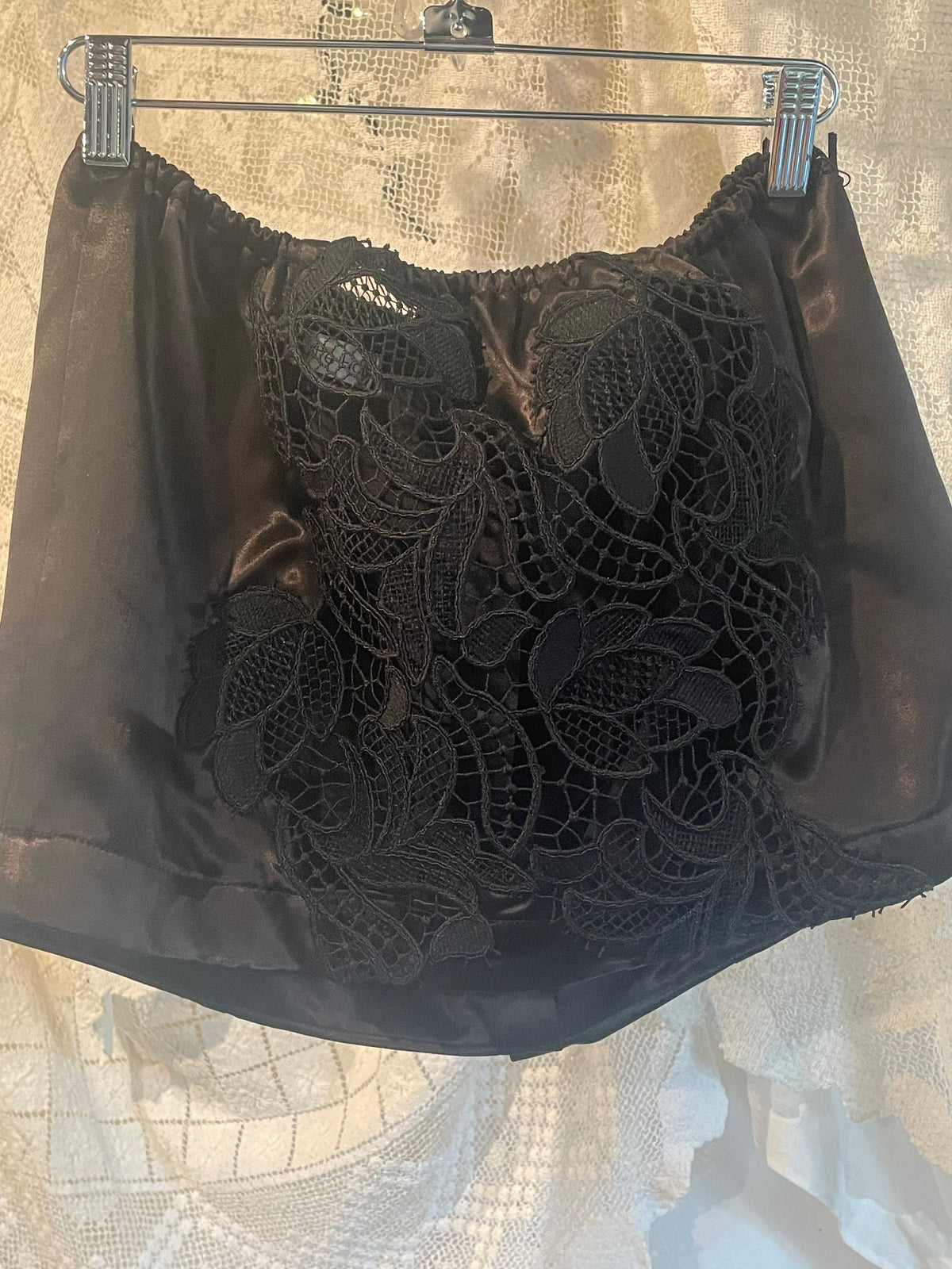 Strapless Black Satin and Lace pull up top Medium-Large