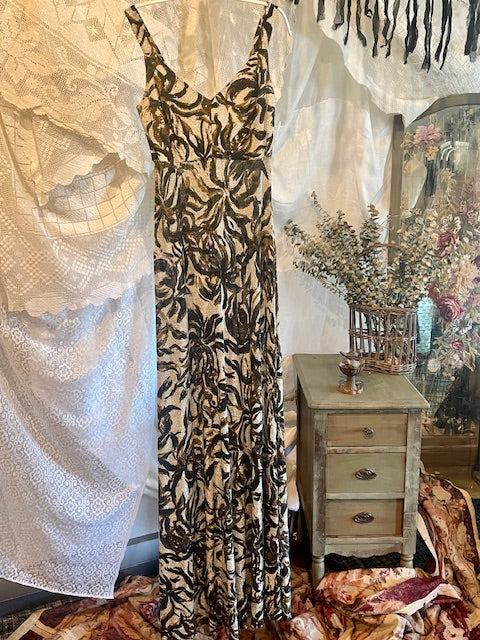1970s Iconic Metallic Maxi Gown Silver Gold Black Abstract Floral Size Small