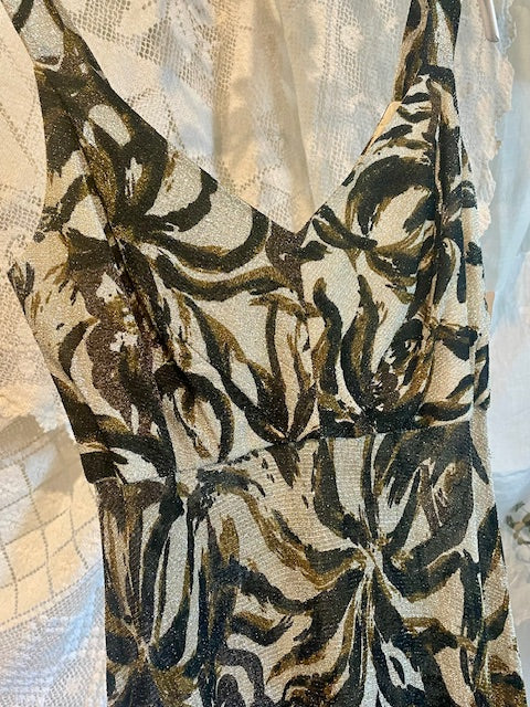 1970s Iconic Metallic Maxi Gown Silver Gold Black Abstract Floral Size Small
