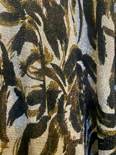 1970s Iconic Metallic Maxi Gown Silver Gold Black Abstract Floral Size Small