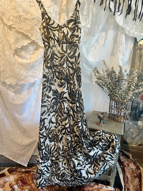 1970s Iconic Metallic Maxi Gown Silver Gold Black Abstract Floral Size Small