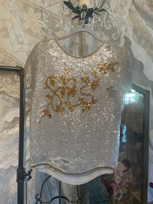 Silk silver/gold sequin blouse vintage 1980s size medium