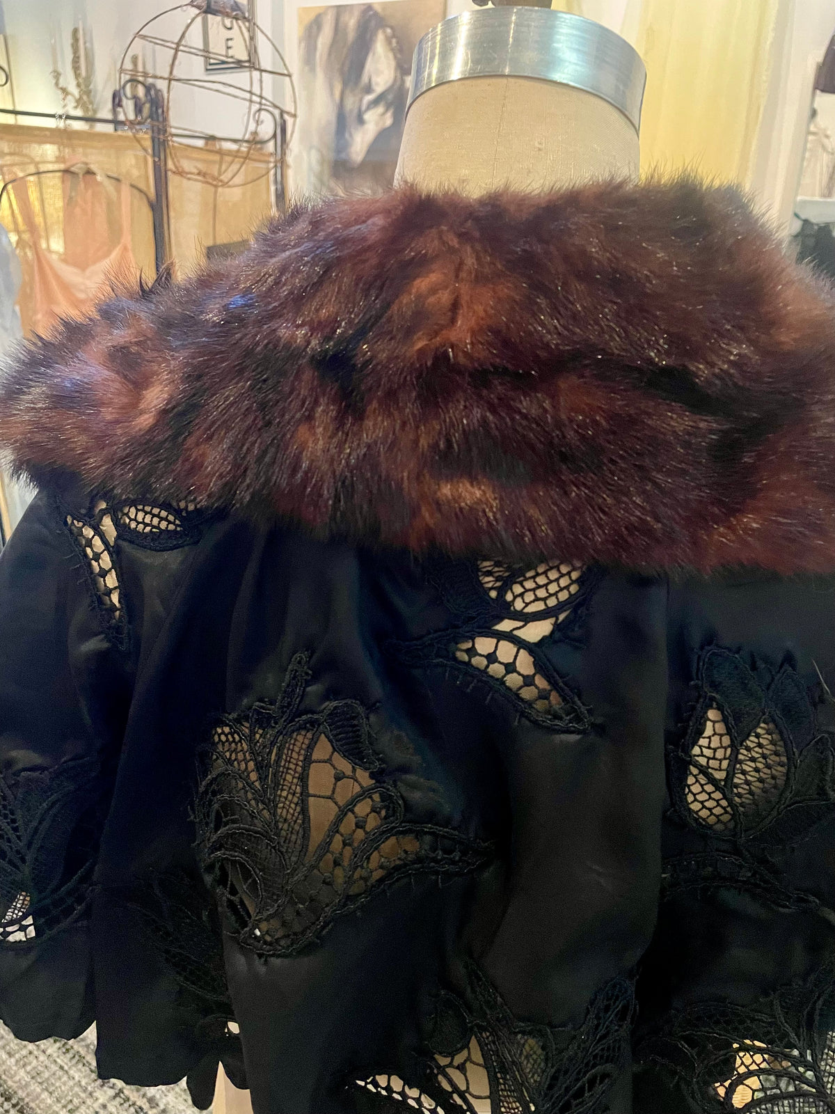 Short Black Cape with Lace and Velvet
