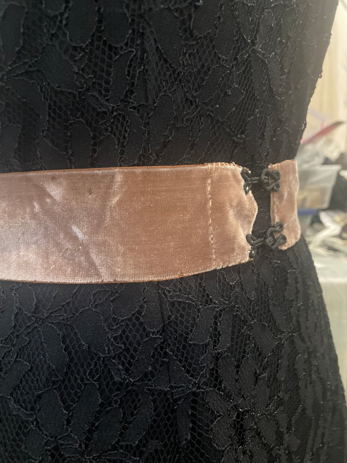 Gothic Black lace dress with whimsical velvet belt size 8