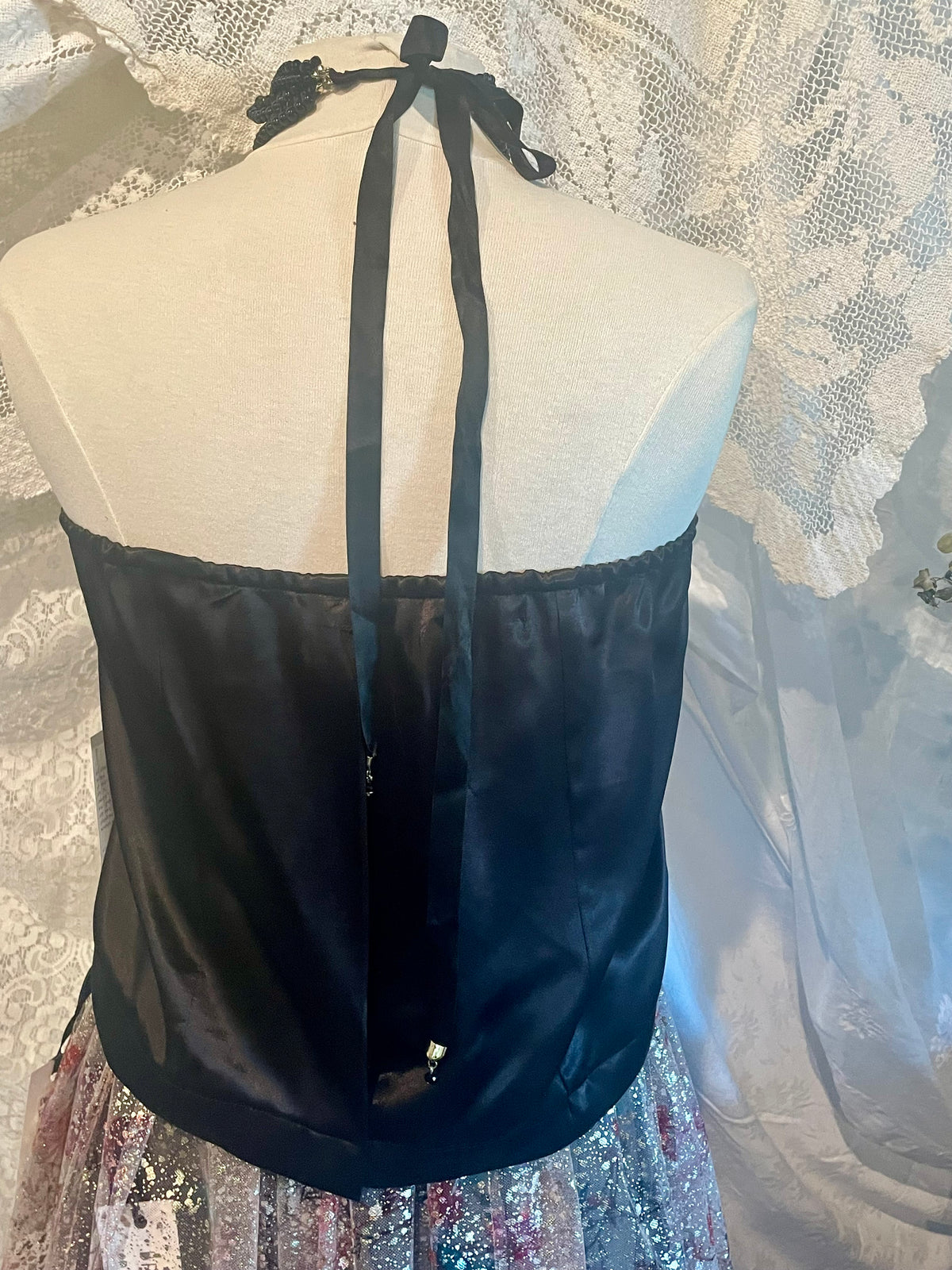 Strapless Black Satin and Lace pull up top Medium-Large