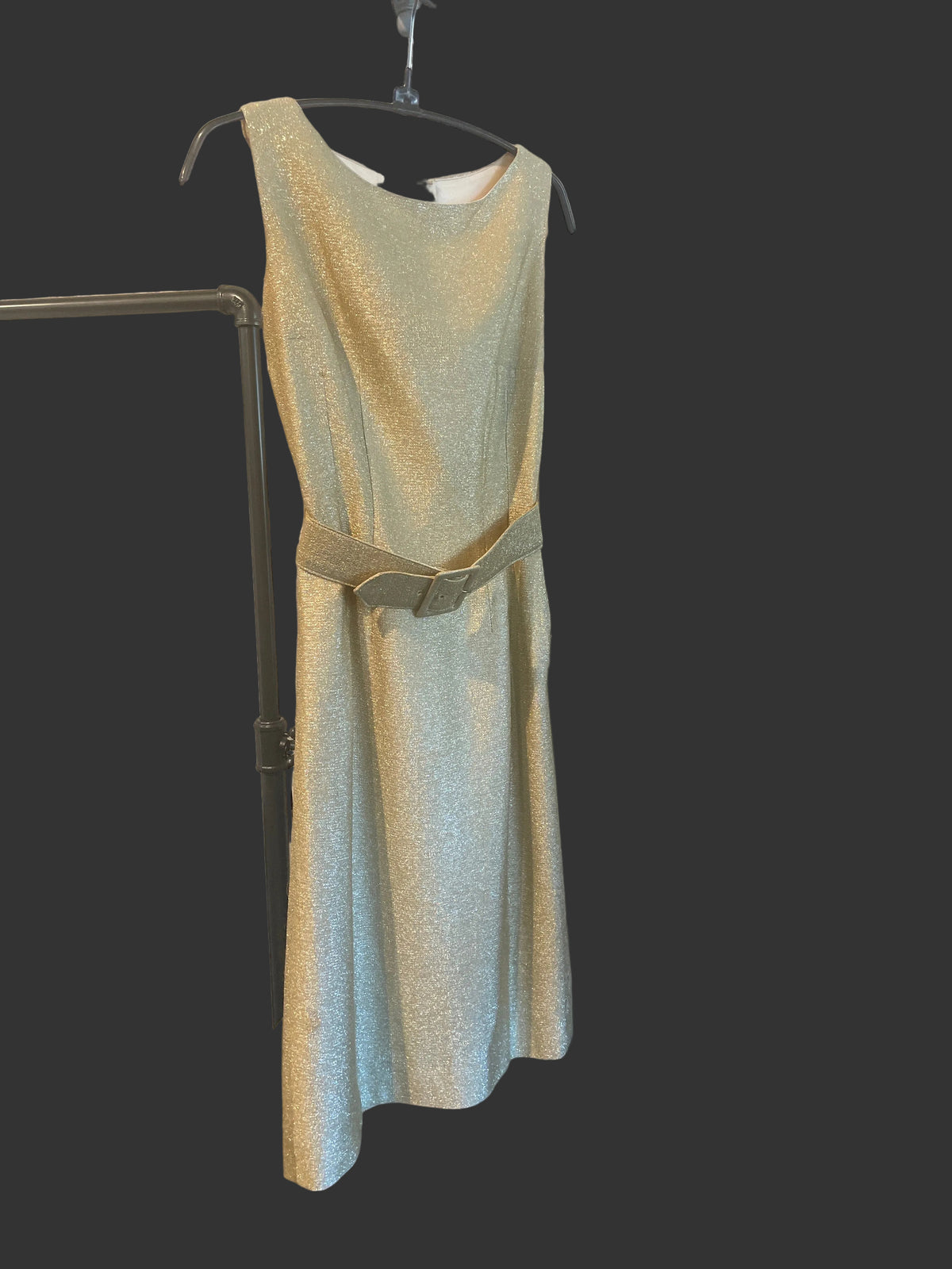 A sleeveless, A-line midi dress in a shimmering light gold or champagne fabric, featuring a matching self-tie belt at the waist. 