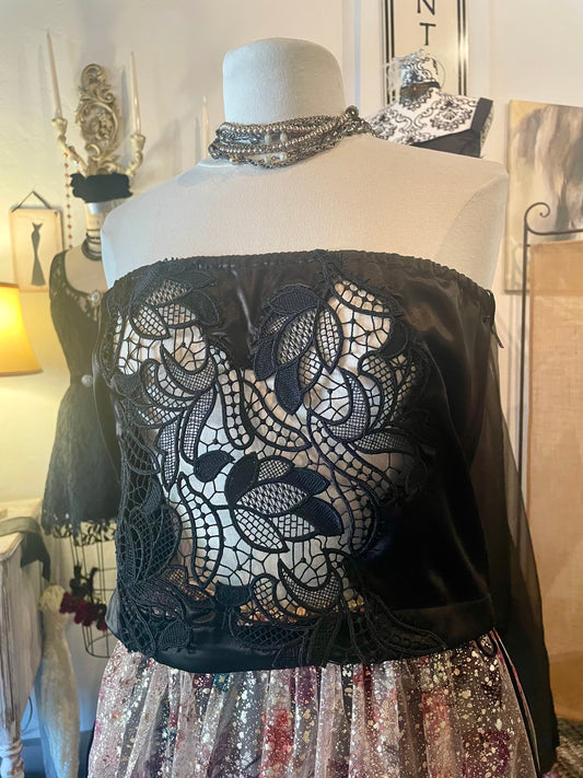 Strapless Black Satin and Lace pull up top Medium-Large