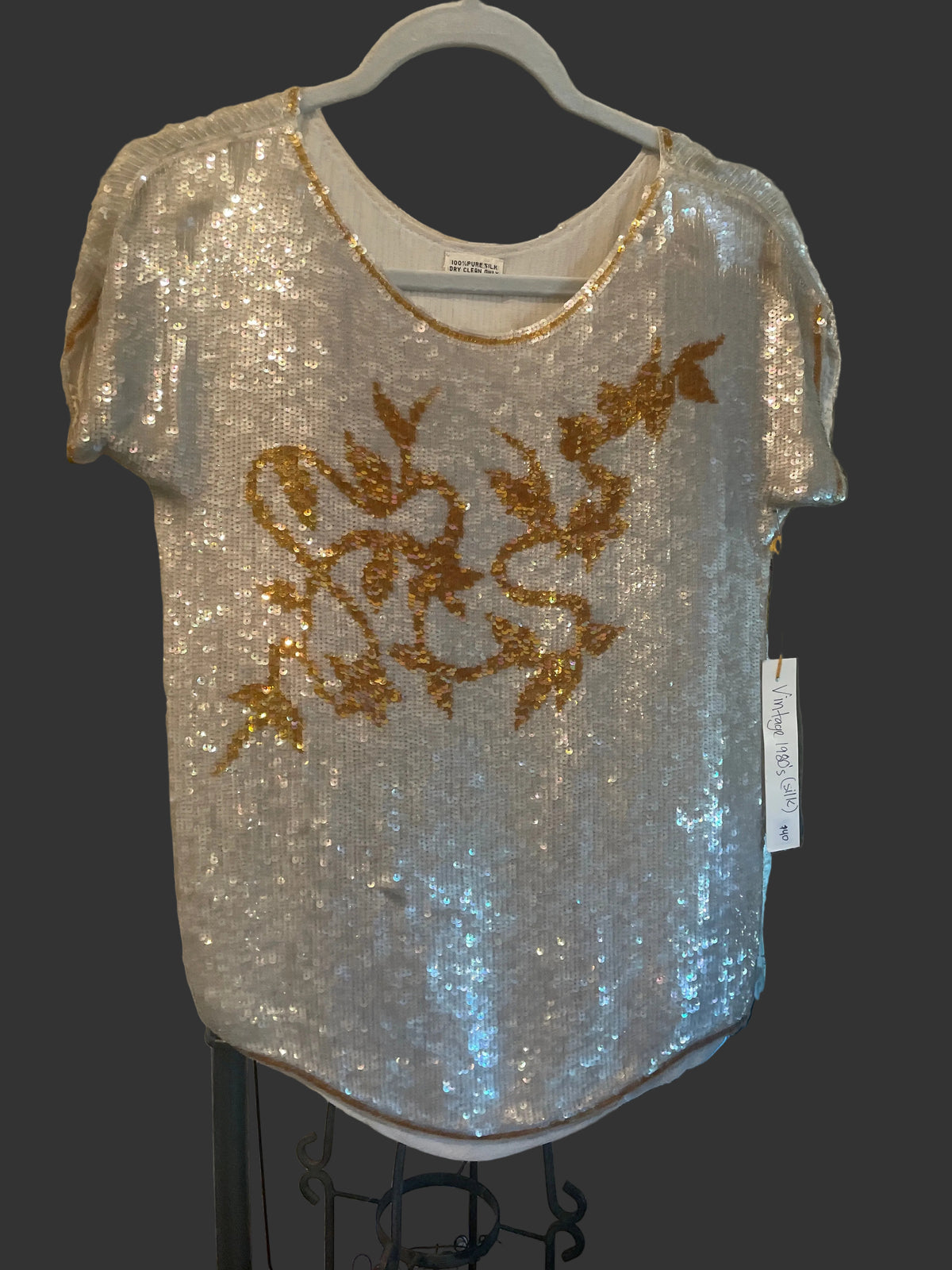 Silk silver/gold sequin blouse vintage 1980s size medium