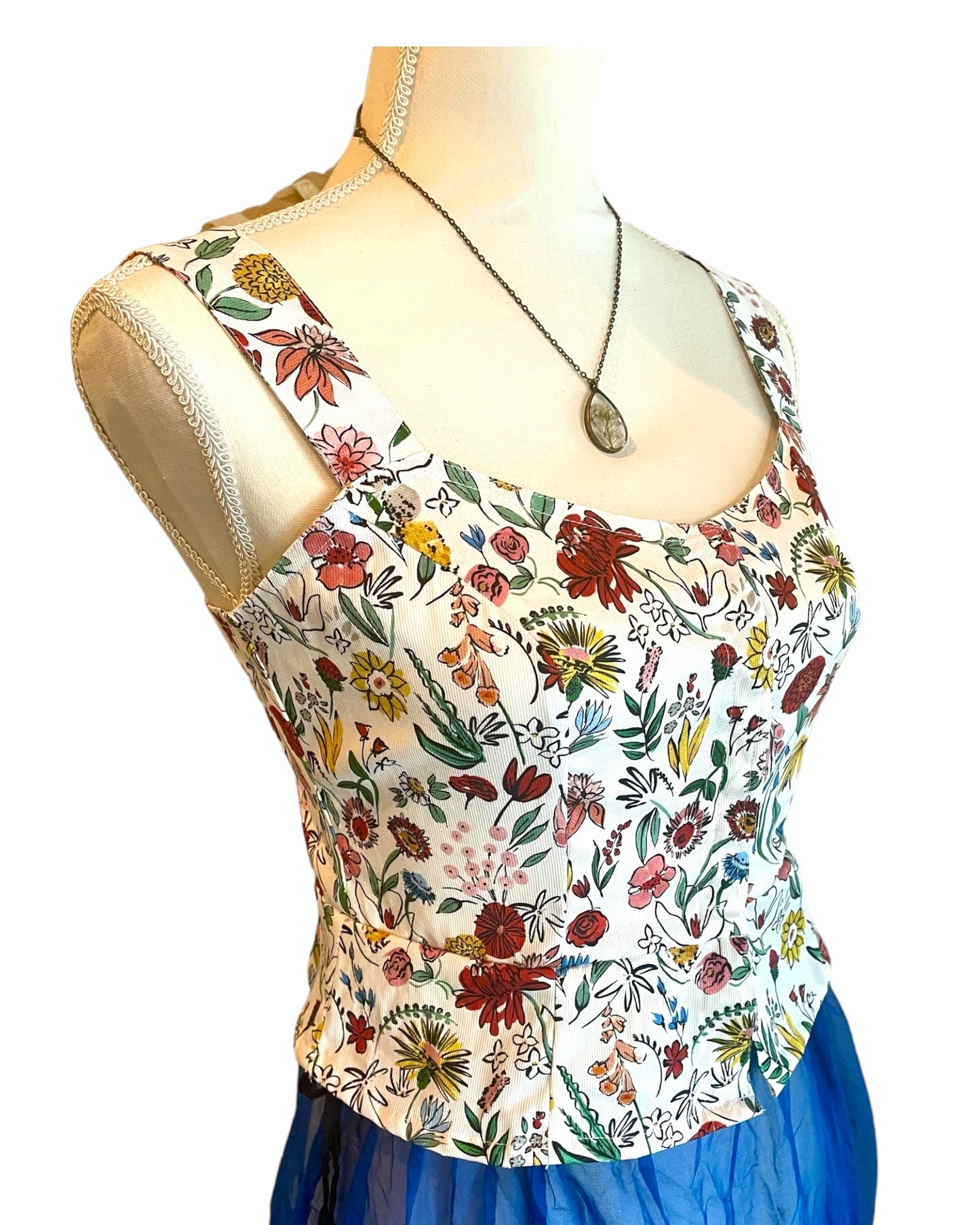 PEPLUM WAISTCOAT - VEST - TOP GARDEN PARTY PRINT - COTTON