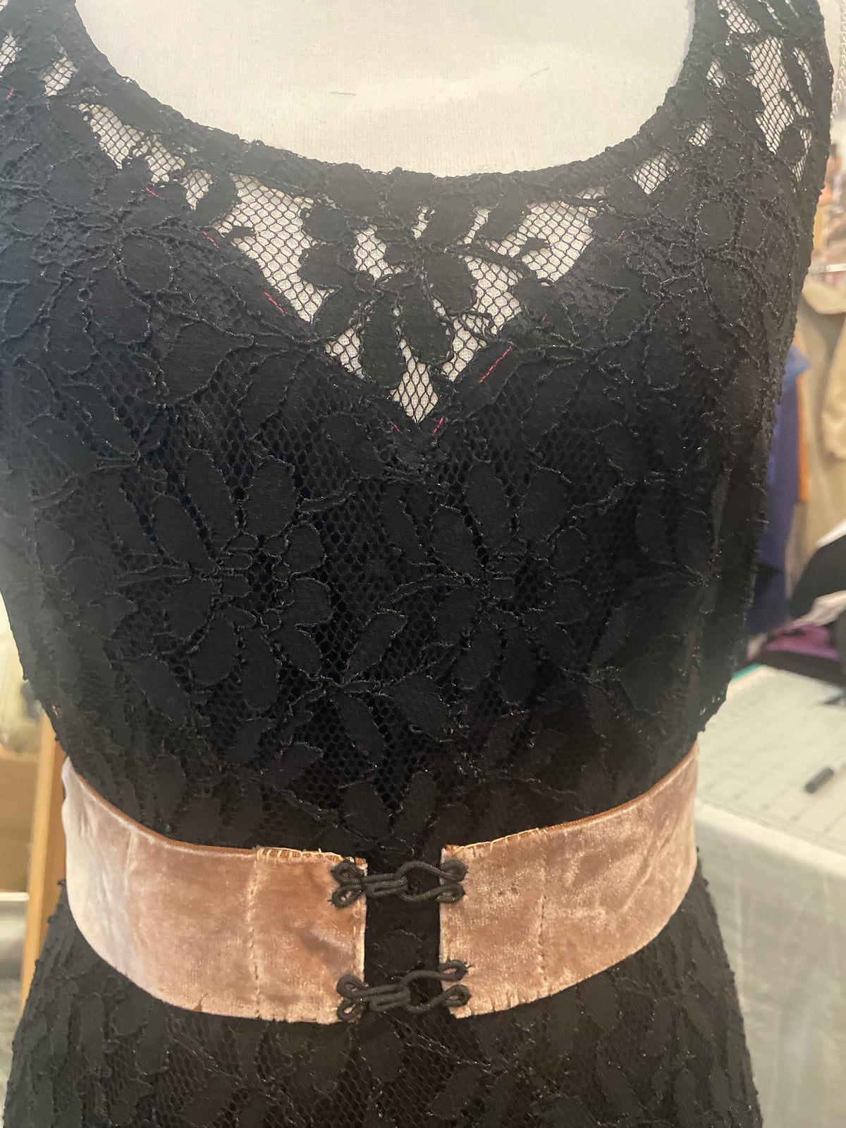 Gothic Black lace dress with whimsical velvet belt size 8