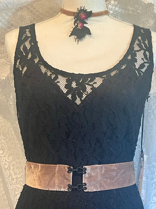 Gothic Black lace dress with whimsical velvet belt size 8