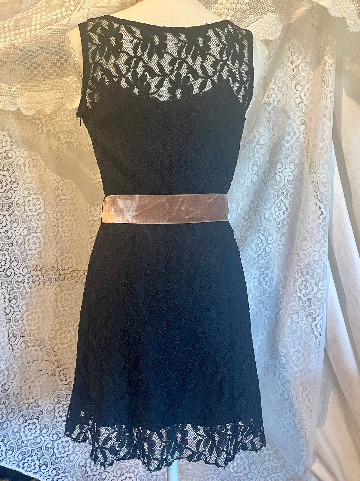 Gothic Black lace dress with whimsical velvet belt size 8