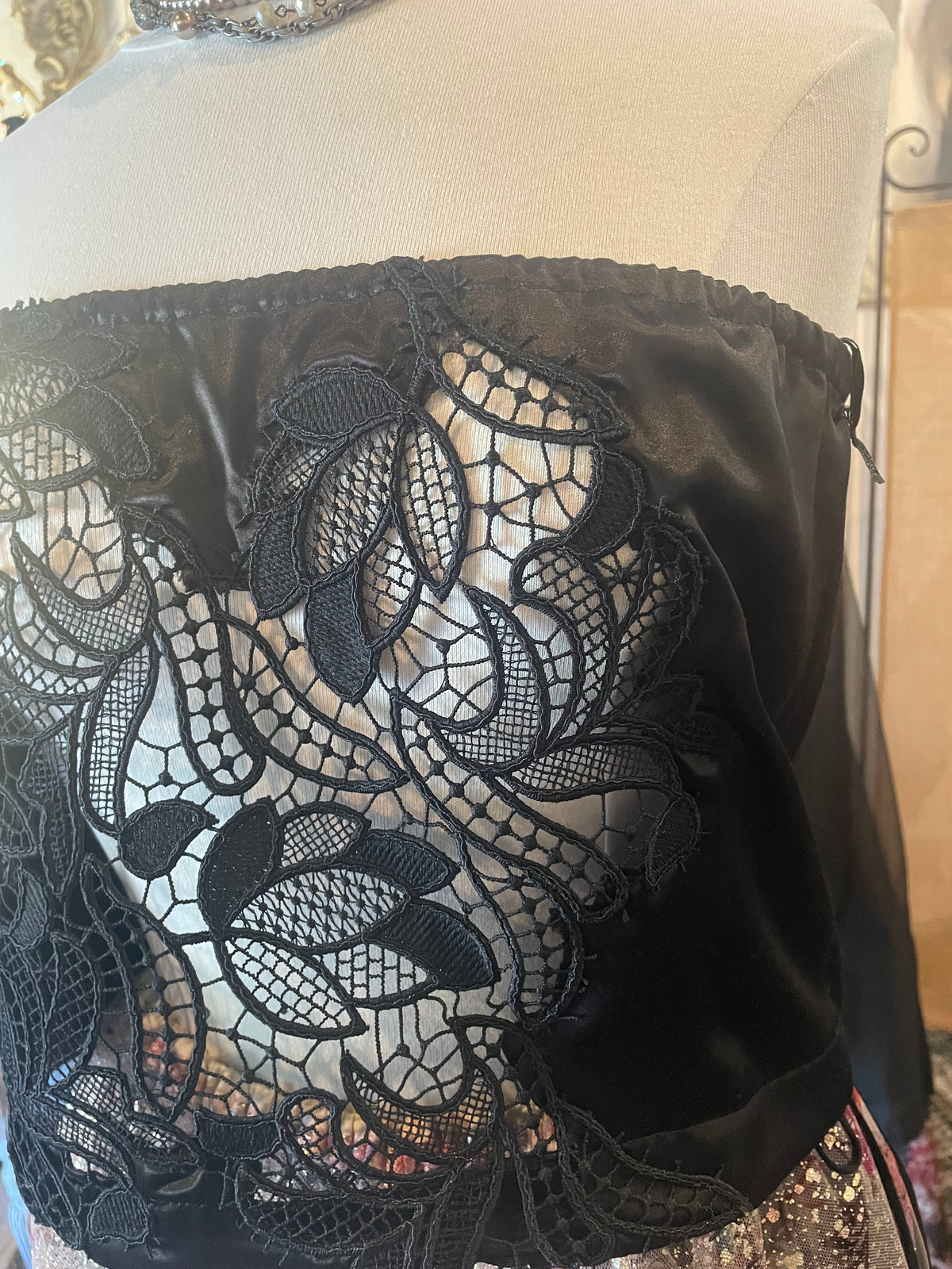 Strapless Black Satin and Lace pull up top Medium-Large