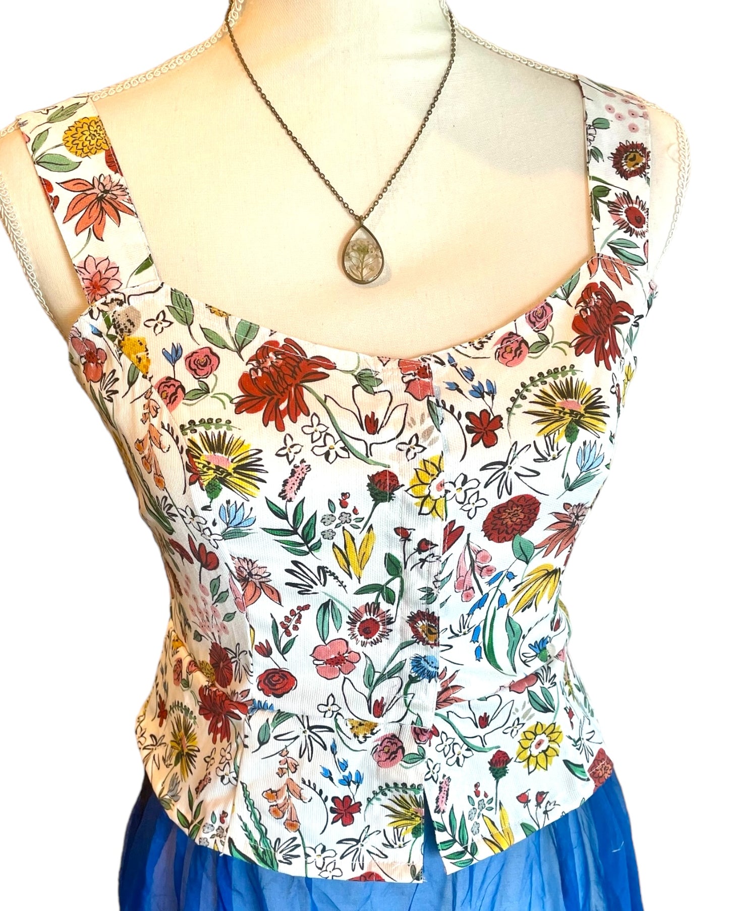 PEPLUM WAISTCOAT - VEST - TOP GARDEN PARTY PRINT - COTTON