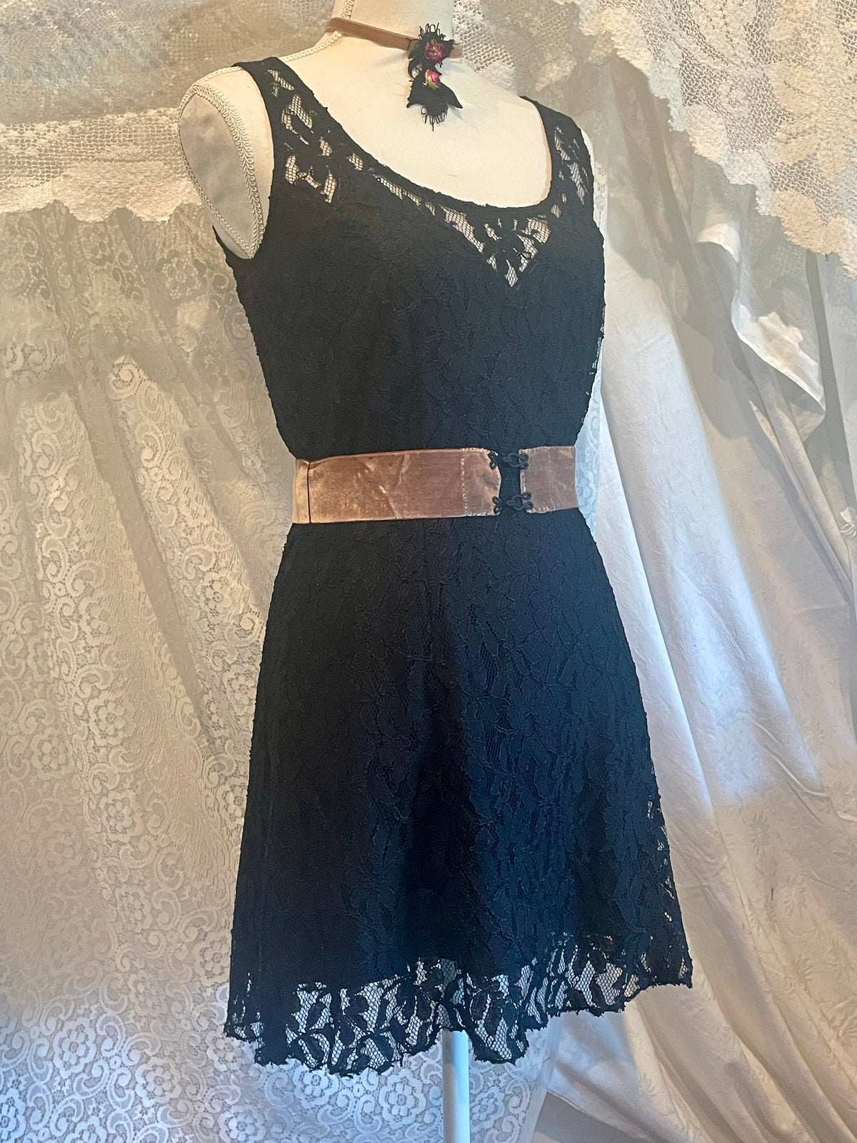 Gothic Black lace dress with whimsical velvet belt size 8