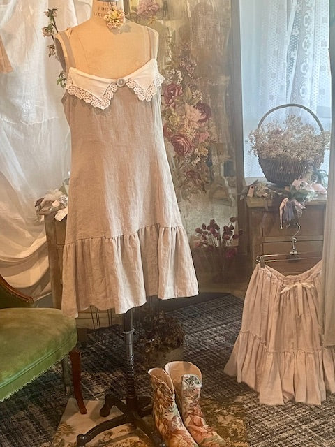 Linen Slip Dress with Lace Collar
