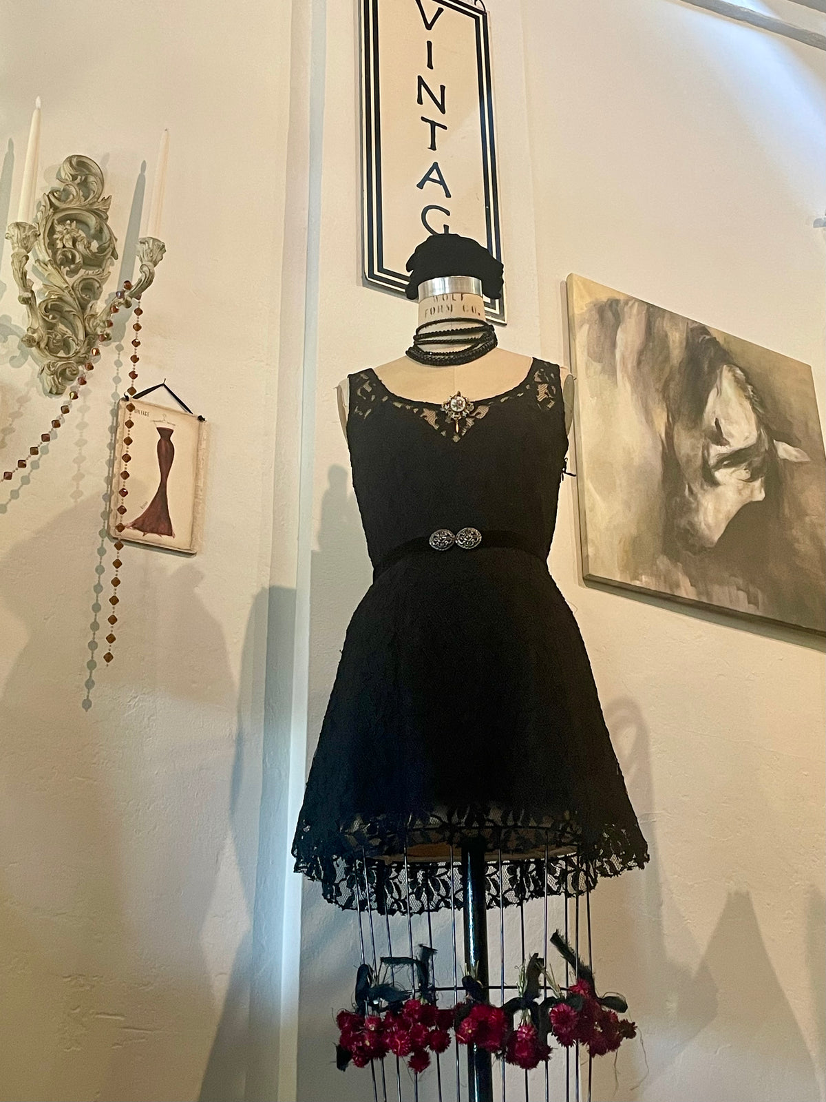Gothic Black lace dress with whimsical velvet belt size 8