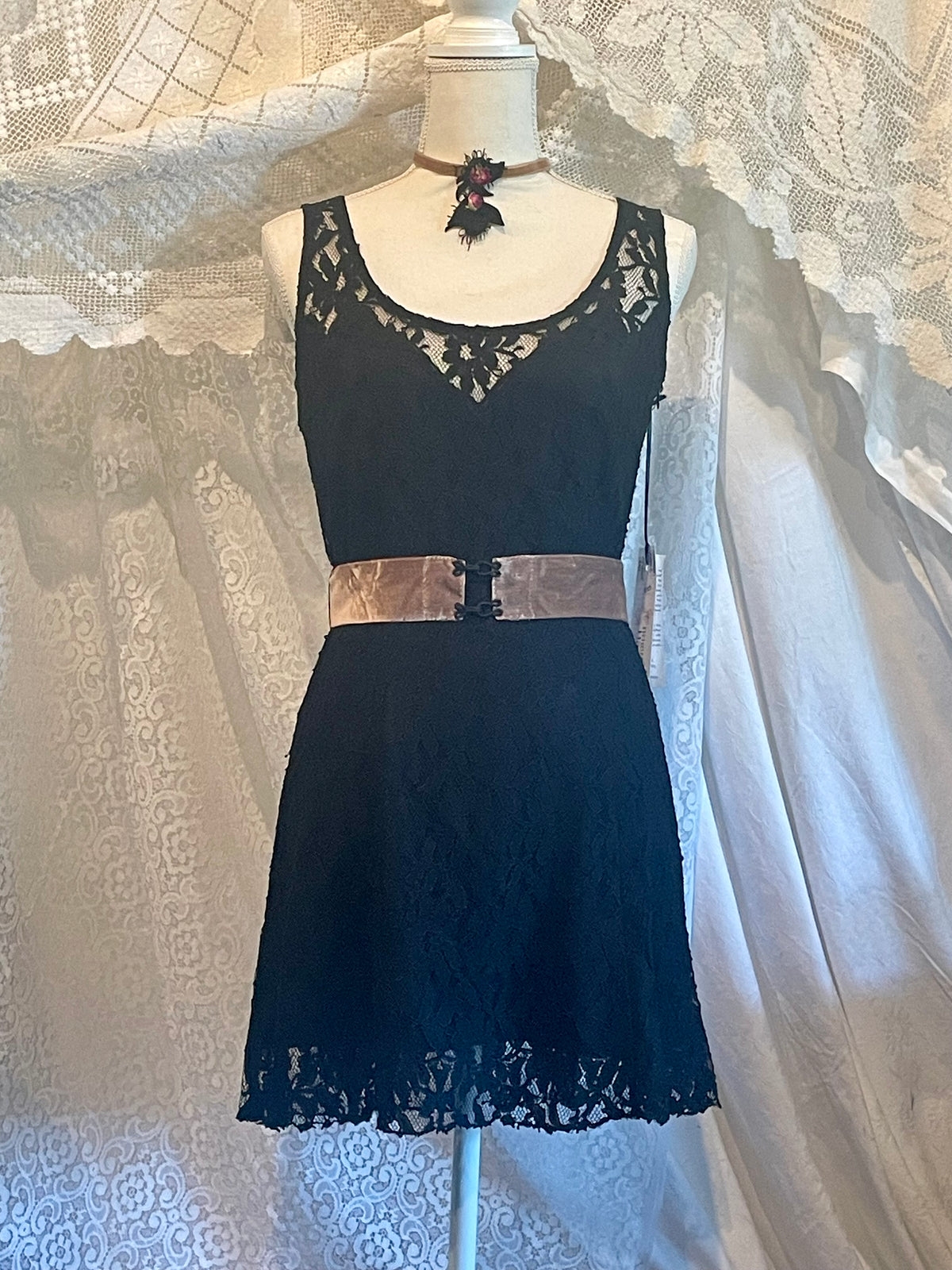 Gothic Black lace dress with whimsical velvet belt size 8