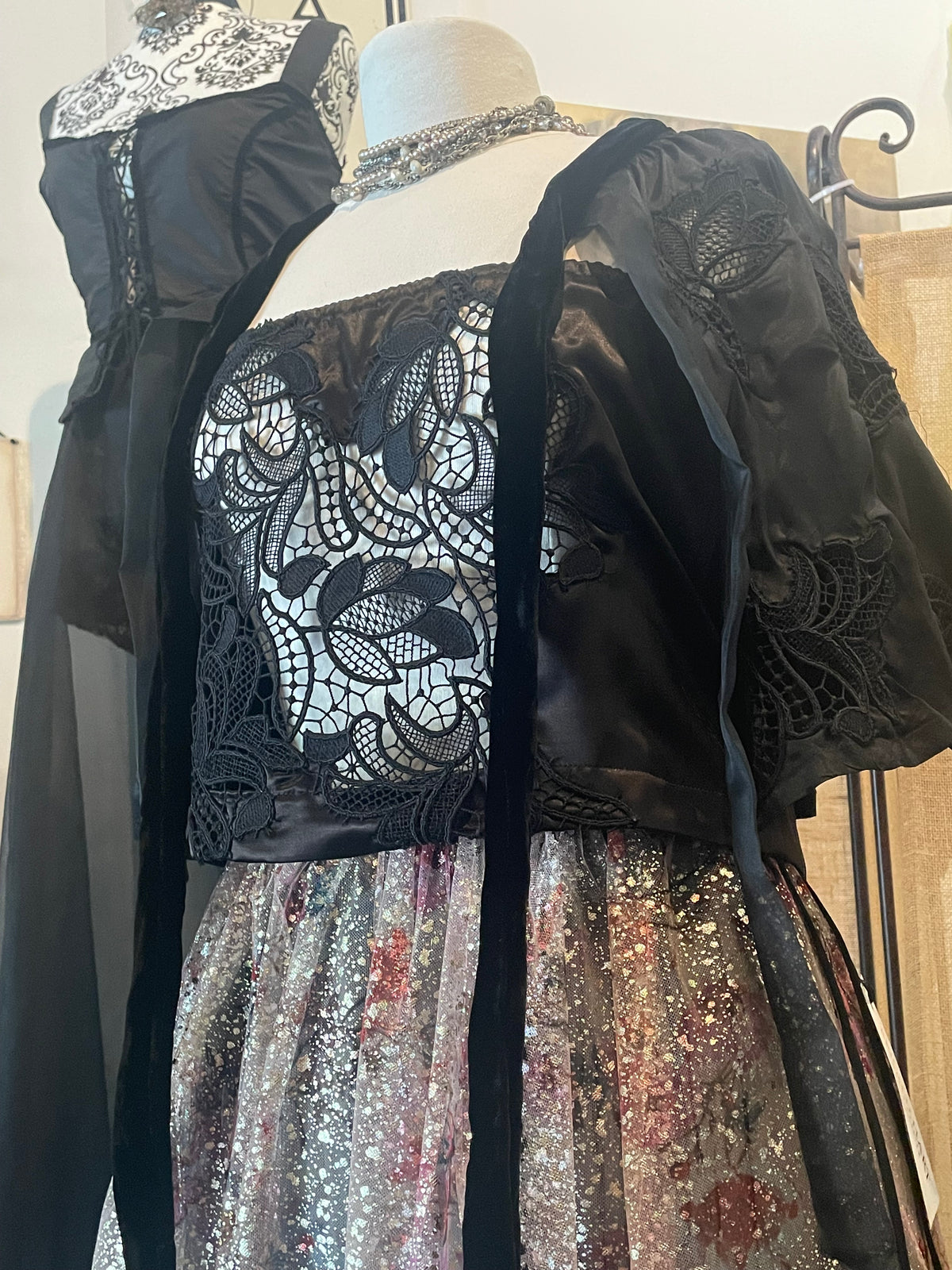Short Black Cape with Lace and Velvet