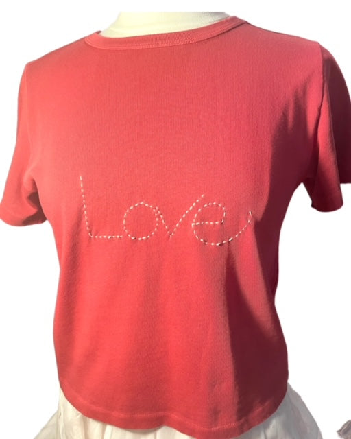 EMBROIDERED TEE -  LOVE ON MUTED RED