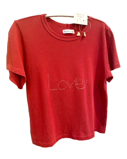 EMBROIDERED TEE -  LOVE ON MUTED RED