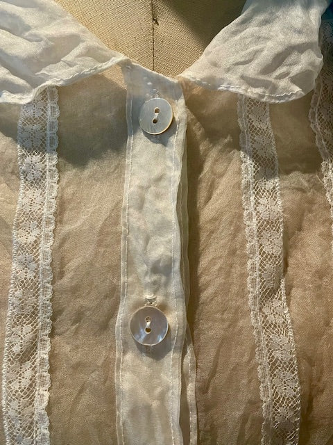 Estelle Sheer Silk Blouse with Vintage Lace Trim - Natural White