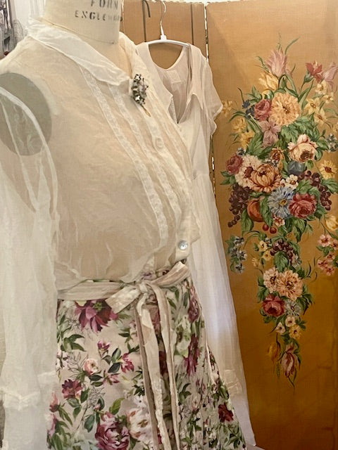 Estelle Sheer Silk Blouse with Vintage Lace Trim - Natural White