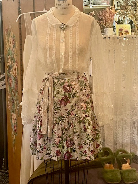 Estelle Sheer Silk Blouse with Vintage Lace Trim - Natural White