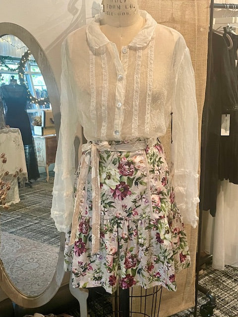 Estelle Sheer Silk Blouse with Vintage Lace Trim - Natural White