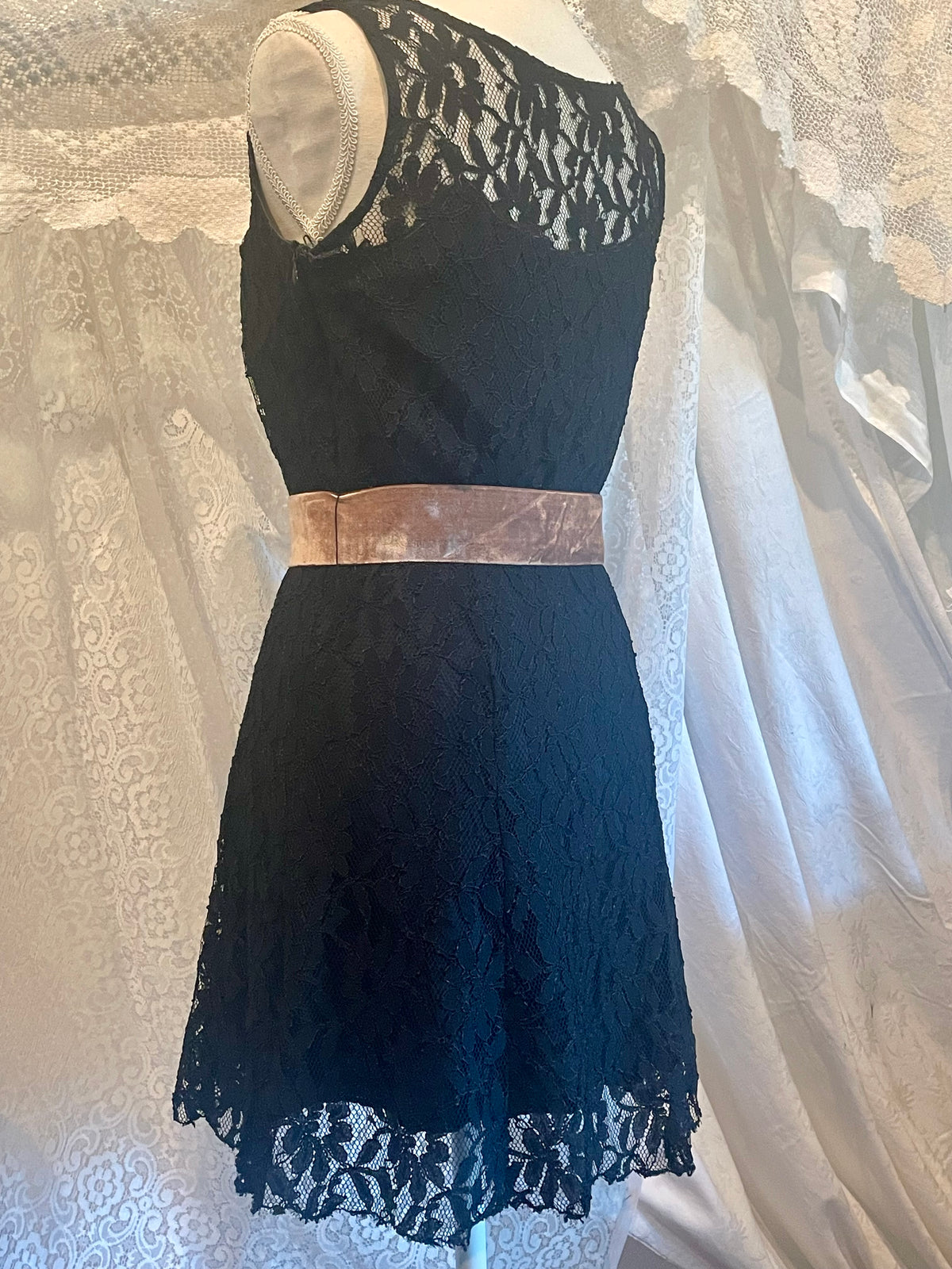 Gothic Black lace dress with whimsical velvet belt size 8
