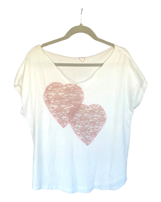 EMBROIDERED TEE -  2 Hearts Lace Applique