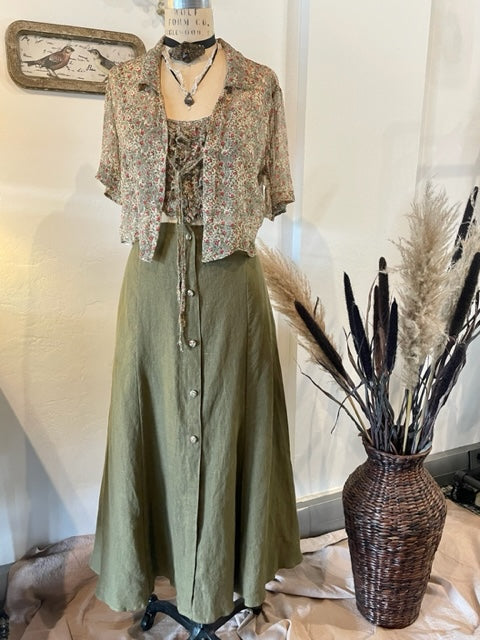 Front Button Prairie Skirt Ankle Length- Loden Green Linen