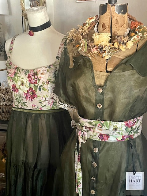 Miriam Dress - Dark Olive Green Silk Organza with Slip