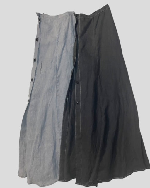 Front Button Prairie Skirt Ankle Length - Black Linen