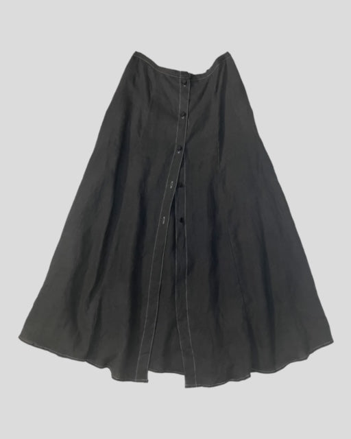 Front Button Prairie Skirt Ankle Length - Black Linen