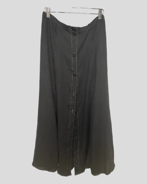 Front Button Prairie Skirt Ankle Length - Black Linen