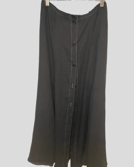 Front Button Prairie Skirt Ankle Length - Black Linen