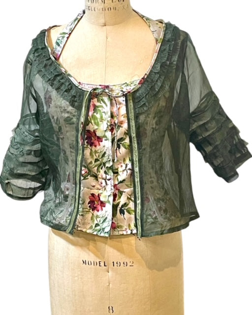 Sheer Silk Ruffled Bolero Jacket - Dark Olive Green