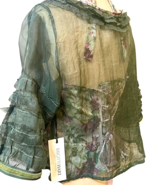Sheer Silk Ruffled Bolero Jacket - Dark Olive Green