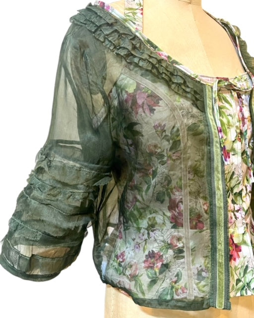 Sheer Silk Ruffled Bolero Jacket - Dark Olive Green