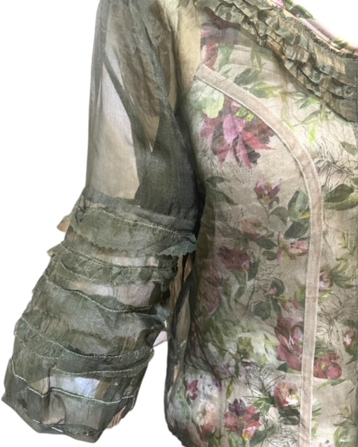 Sheer Silk Ruffled Bolero Jacket - Dark Olive Green